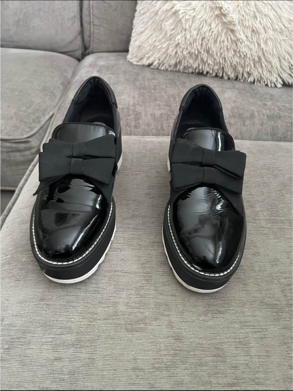 Black Patent Bow Platform Loafers - Women's